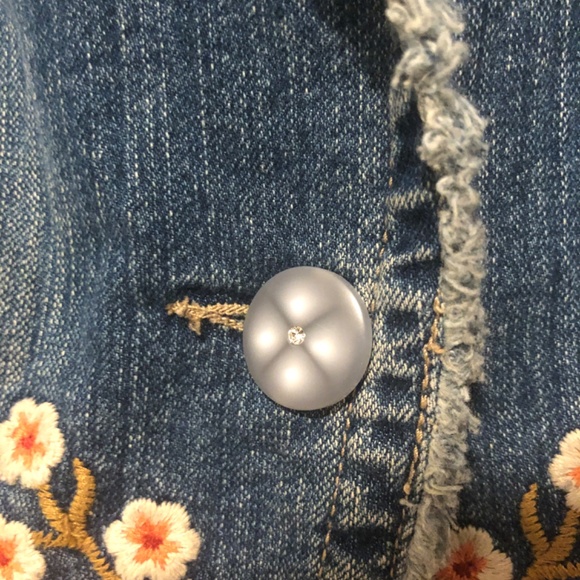 Floral Embroidered Denim Jean Jacket Bohemian Colorful Y2K Kikit Jeans sz Large - Picture 7 of 10